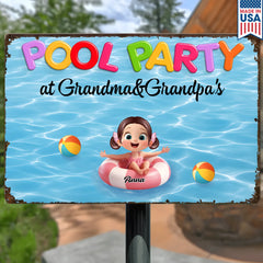 Pool Party At Grandma Grandpa Personalized Metal Sign